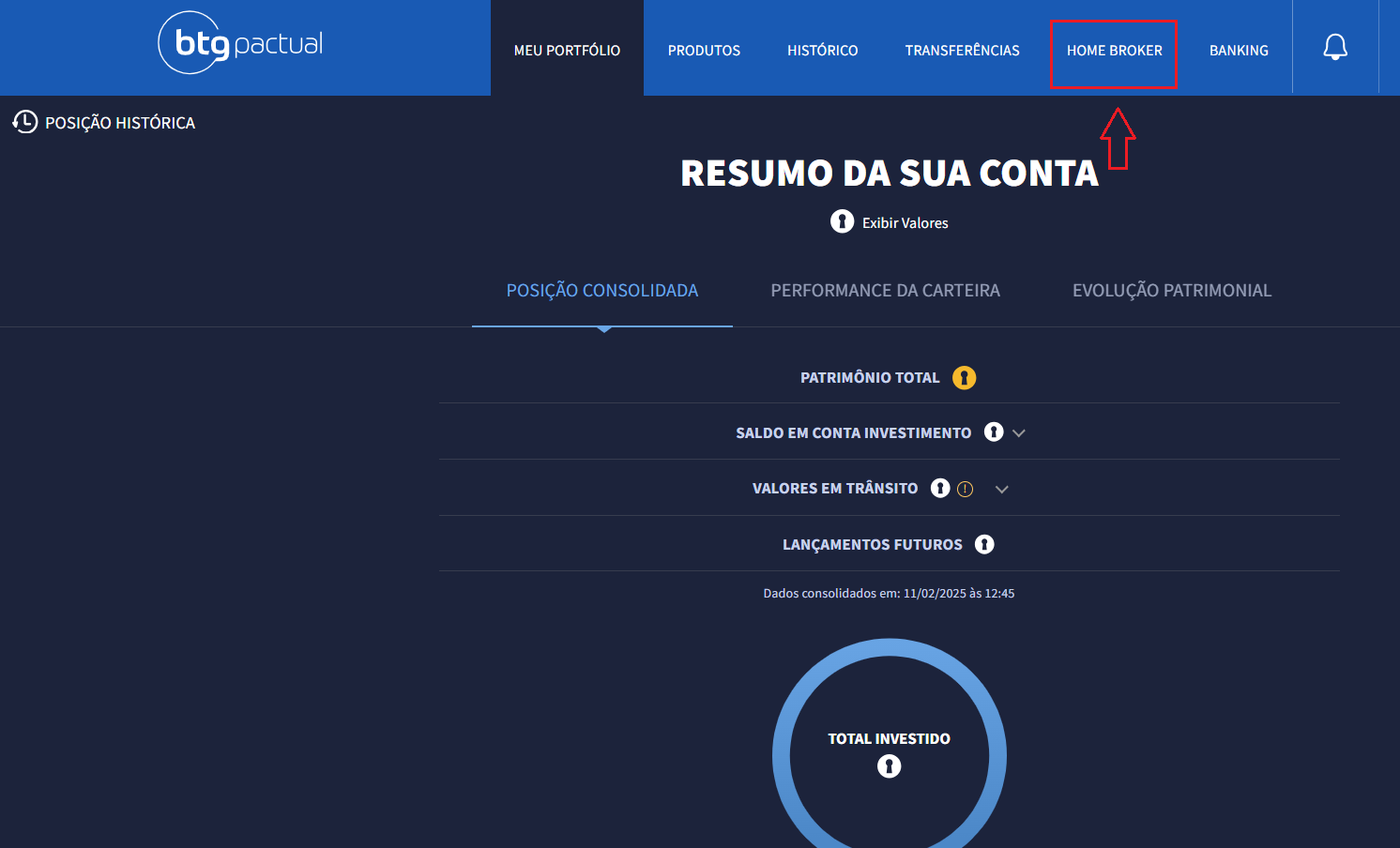 Acessando o home broker através do painel principal do BTG.