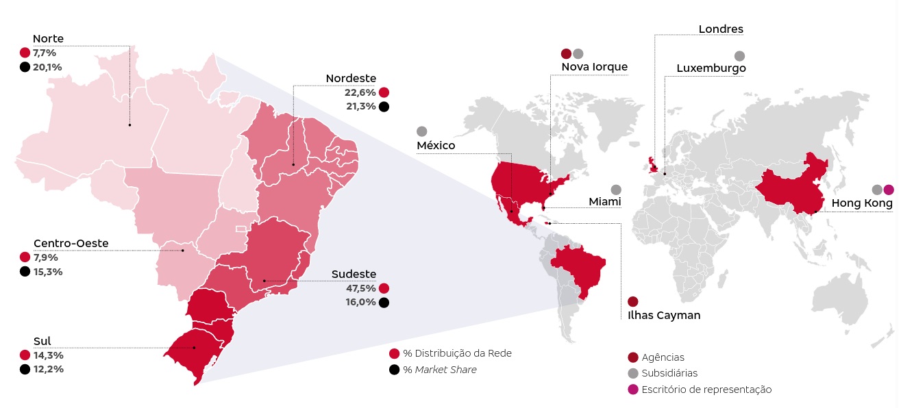 Mapa de presença física do Bradesco.