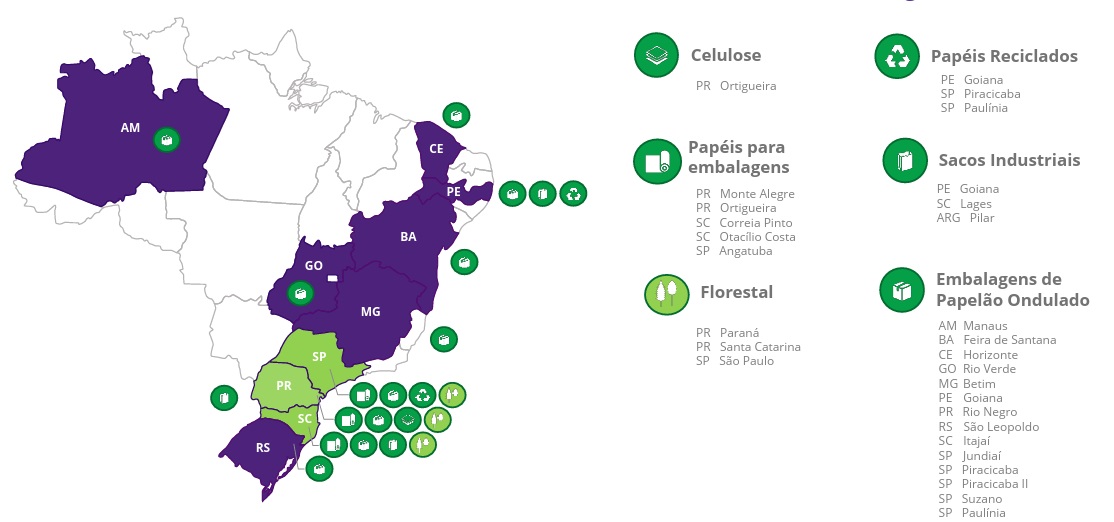Mapa das Unidades da Klabin no Brasil.